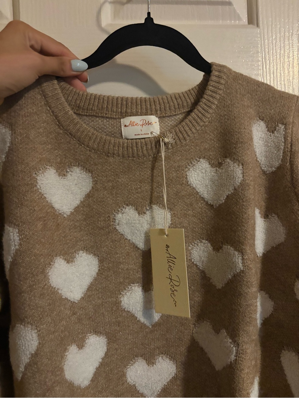 Allie Rose Tan Heart Crewneck Sweater - White Hearts